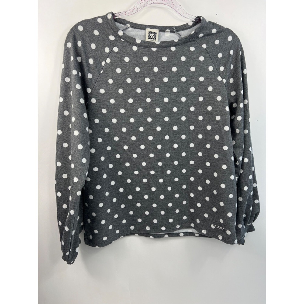 Anne Klein Top Women's Sx Large‎ Gray/White Polka Dot Long Sleeve Banded Cuffs